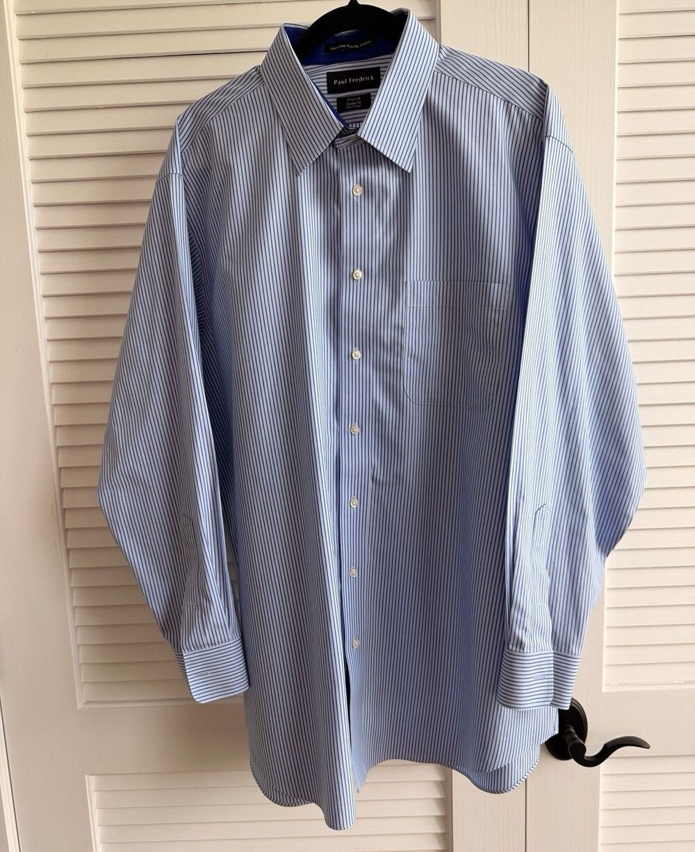 Paul Fredrick 17.5 34 Non Iron Two Ply Cotton Blue Banker Stripe Dress Shirt